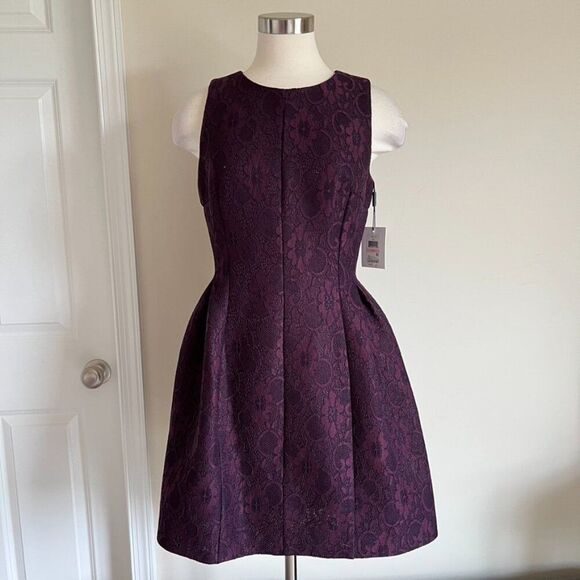 Calvin Klein Aubergine Purple Lace Brocade Fit & Flare Dress | Size 10 NWT - Picture 2 of 9